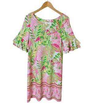 Pappagallo Pink Green Tropical Short Ruffle Sleeve Shift Dress Women's Medium